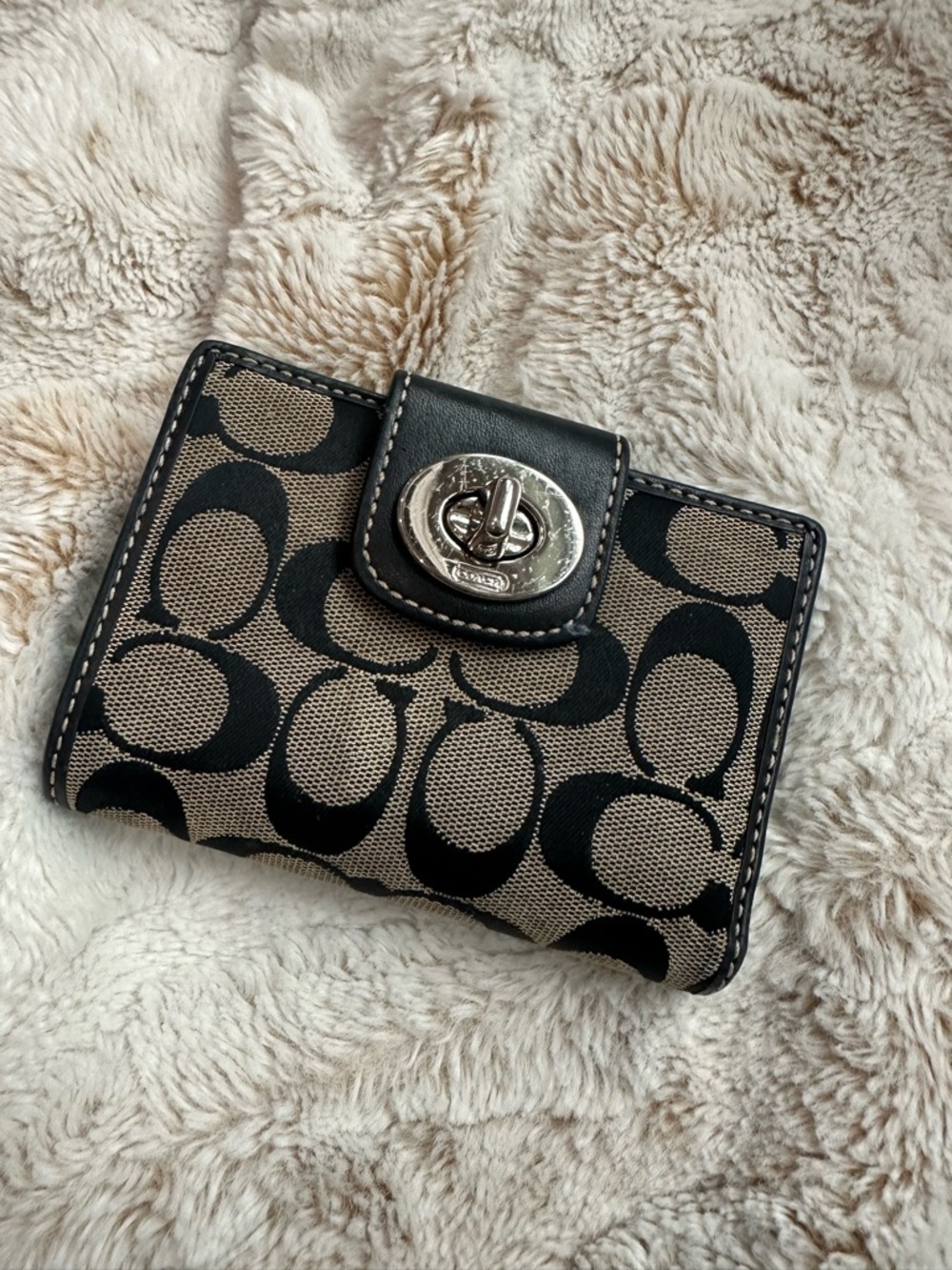 Coach Black & Tan Signature Turnlock Small Wallet